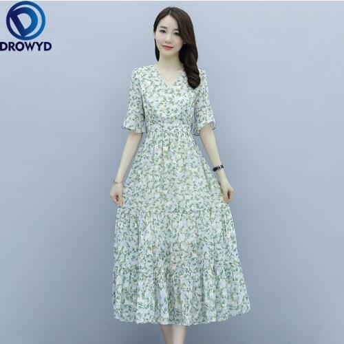 Summer Chiffon Elegant Long Dress Women 2021 Fashion Korean Style Ladies Short Sleeve Green Floral Tunic Beach Party Maxi Dress