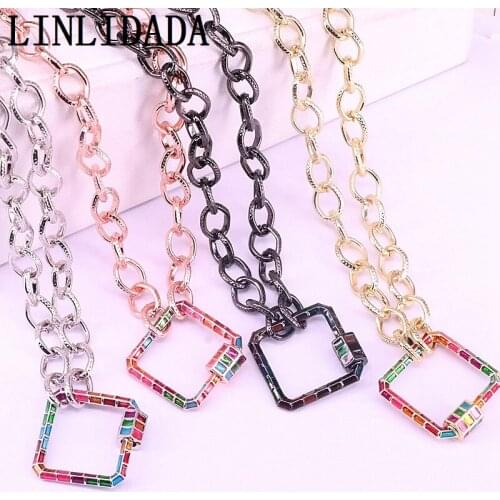 5Pcs Fashion Square Carabiner Lock Necklace Plating Chain Necklace Colorful Enamel Oval Screw Clasp Necklace
