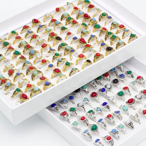 50pcs Antique Silver Color Vintage Style Rings With Mixed Stones For Women