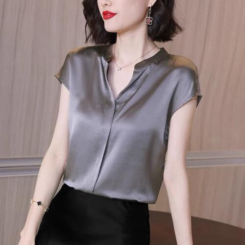 Satin Solid Women Shirts Summer New Design 2021 V-Neck Short-Sleeved Slim Elegant Office Lady Outwear Tops