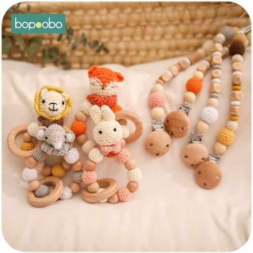Bopoobp Baby Rattle 2pcs/Set Crochet Cartoon Anima lWooden Bracelet Custom Pacifier Chain Kids Teether Rattle Educational Toys
