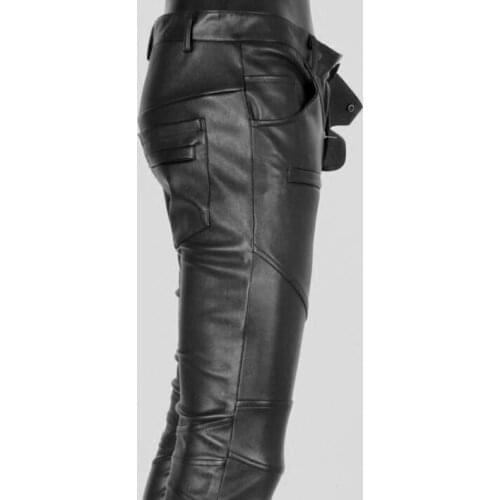 Spring autumn motorcycle faux leather pants mens feet pants thin personality pu trousers for men fashion pantalon homme black