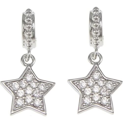 New Silver Color Wishing Star Bead With CZ Crystal Dangle Charm Bead Fits Pandora Bracelet Necklace Jewelry DIY Making 2Pcs