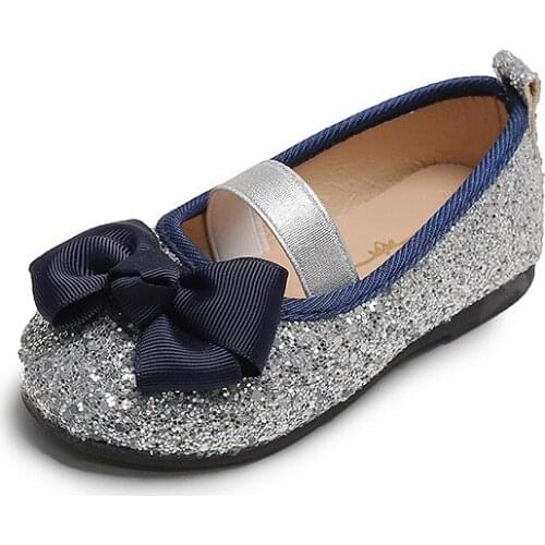 Kids Girls Leather Shoes Glitter Sequins Bling Fabric With Bow-knot Children Dress Flats For Wedding Party Princess Shallow Bow