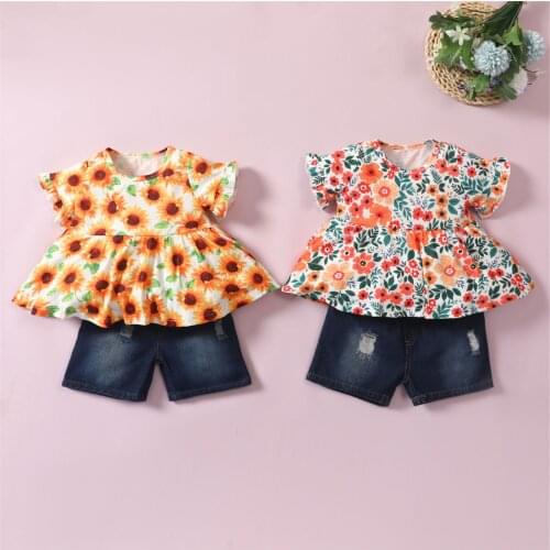 Kid Baby Girls Summer Clothes Set Floral Short Sleeve T-shirt and Ripped Elastic Denim Short Pants 2Pcs Outfits Children Clothes
