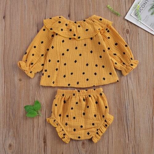 Newborn Baby Girl’s 2Pcs Clothes Set Ruffled Doll Collar Polka Dot Print Long Sleeve Tops Elastic Triangle Shorts