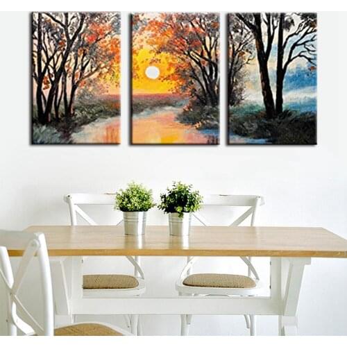 Home Decorations for Bedroom Landscape Oil Painting Canvas Sunrise Sunset Handpainted Wall Art 3 Panels Artwork Christmas Gift