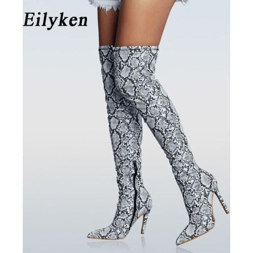 Eilyken Women Fashion Over the Knee Boots Snake grain High Boots Pointed Toe Zipper Thin High Heels Boots Shoes 2021 Winter