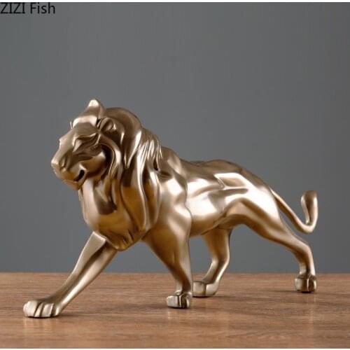 European Golden Brass Resin Lion Sculpture Crafts Desktop Decoration Simulation Animal Statue Figurines Living Room Office Decor