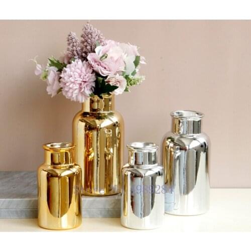 European Golden Silver Ceramic Vase Luxury Countertop Decoration Electroplating Flower Vase Crafts Home Decoration Accessories