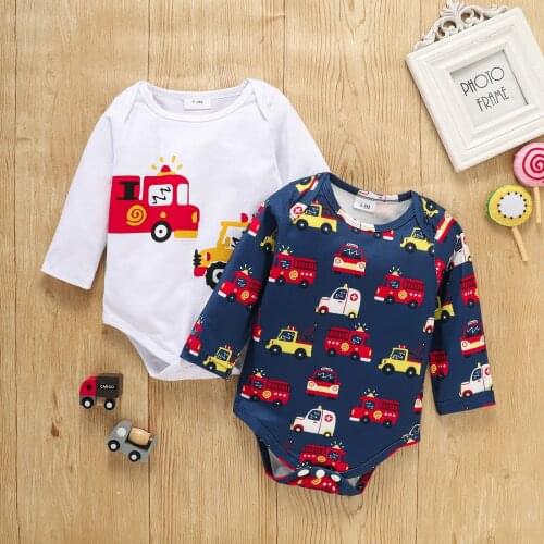 0-24M Baby Girls Boys Romper Toddlers Spring Autumn Cartoon Car Printed Long Sleeve Round Collar Cotton Jumpsuit Outfit