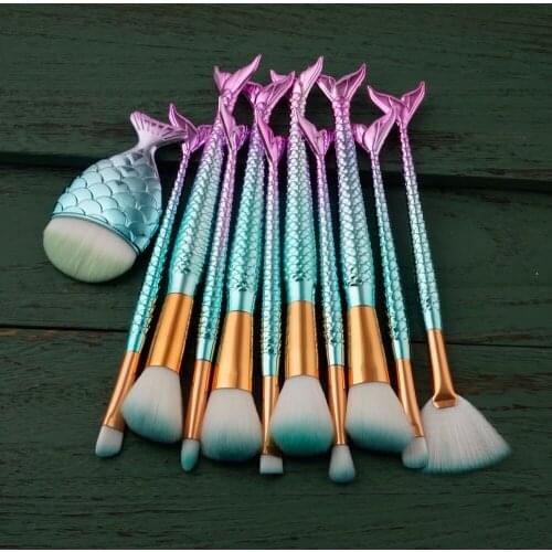 Pro 11Pcs Mermaid Makeup Brush Set Big Fish Tail Foundation Powder Eyeshadow Make-up Brushes Contour Blending Cosmetic Brushs