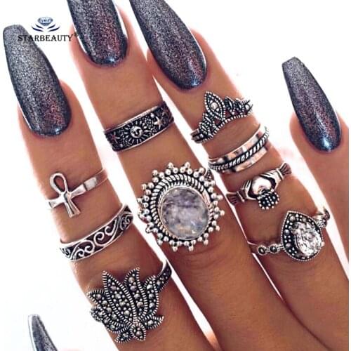 Lotus Joint Rings Set 9 pcs/lot Crown Fingers Knuckle Ring Toe Ring Set Crystal Party Ring Set Midi Toe Rings for Women Jewelry