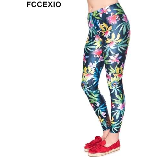 FCCEXIO 2019 New Women Fitness Leggings Workout Leggins Sexy Legging Slim Pants High Waist Print Freaky Flowers Push up Pants