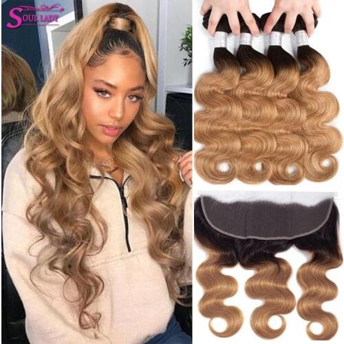 Ombre Body Wave 4 Bundles With Frontal 1B/27 Ombre Blonde Bundles With Frontal Closure Ombre Brazilian Human Hair Weave Bundles