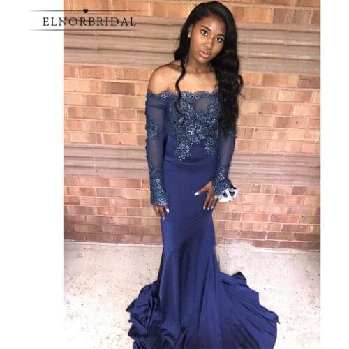 African Navy Blue Mermaid Evening Dresses 2020 Robe De Soiree Arabic Long Sleeves Formal Gowns Special Occasion Party Dress