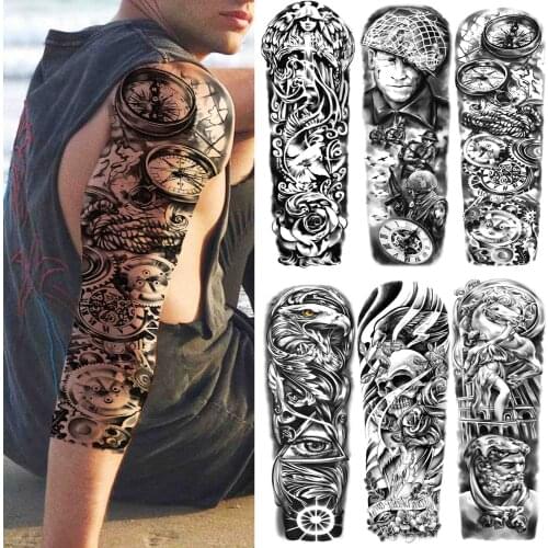 Realistic Fake Clock Temporary Tattoo For Men Women Adult Full Arm Soldier God Tattoos Sticker Sleeve Death Skull Tatoos Black