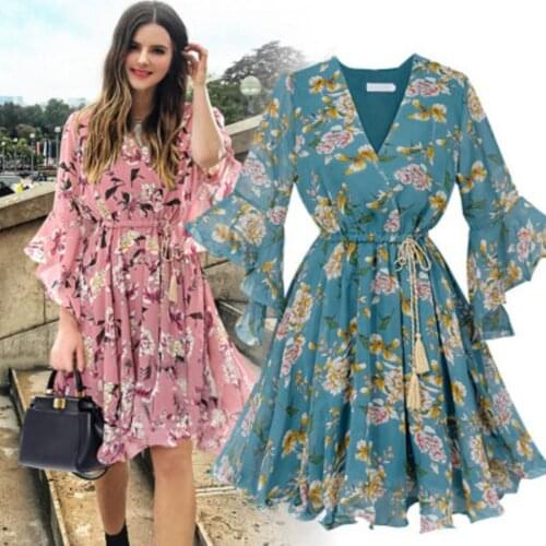 Chiffon Floral Print Dress Ladies Fashion Flare V-Neck Beach Dress Sundress Women Casual Evening Party Dress Vestido de fest