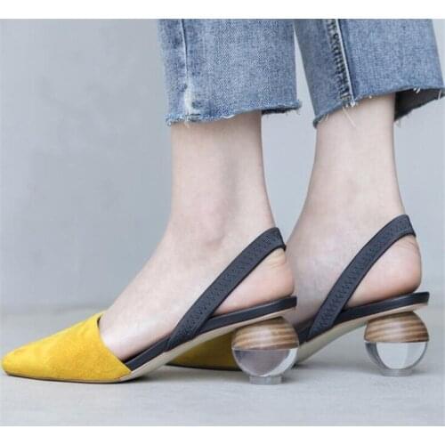 Unique Ball Heel Sandals Back Strap Pointed Toe Black Genuine Leather Women Party Summer Slip on Shoes Large Size33-43