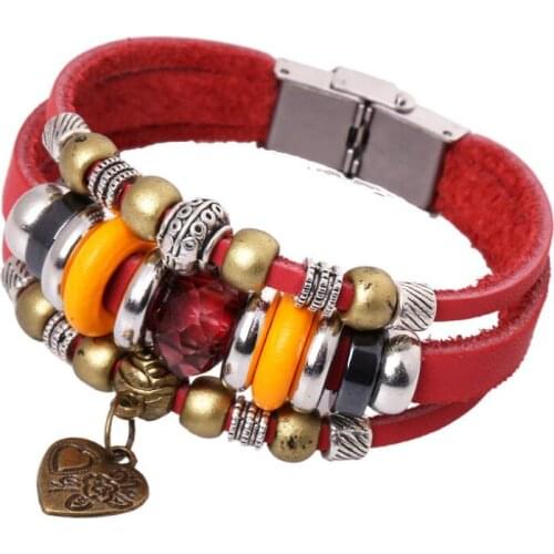 Vintage Heart Crystal Beads Charms Leather Bracelets Stainless Steel Buckle Beaded Bangles Wrap Wristbands Retro Fashion Jewelry