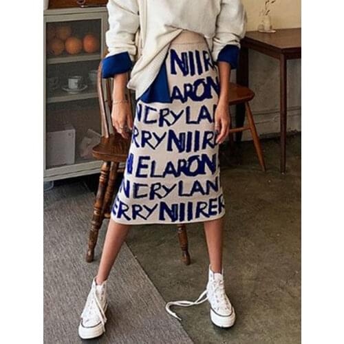 Womens Letters Knit Skirt Autumn Winter New High Waist Split Straight Office Lady Long Warm Step Faldas female ML297