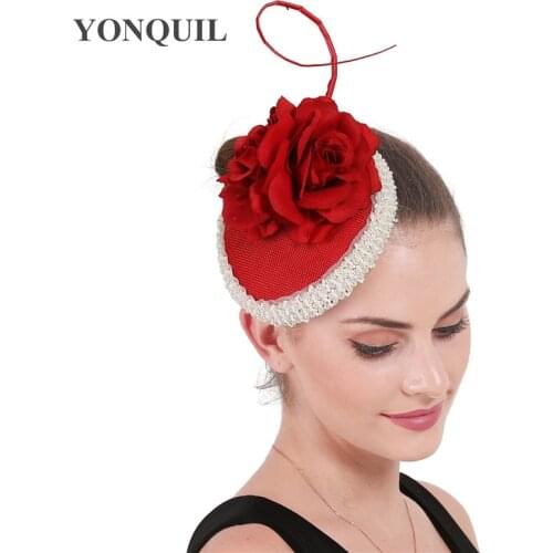 Classic Elegant Ladies Red Fascinator Occasion Hats With Peals Headwear Hats Women Occasion Church Event Rose Flower Headpiece