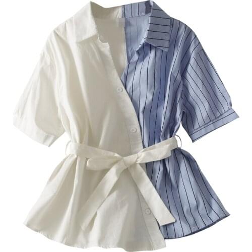 2021 Summer Womens Shirt Stitching Vertical Stripes Lapel Short-sleeved Casual Shirt New Bandage High-waist Tunic Coat