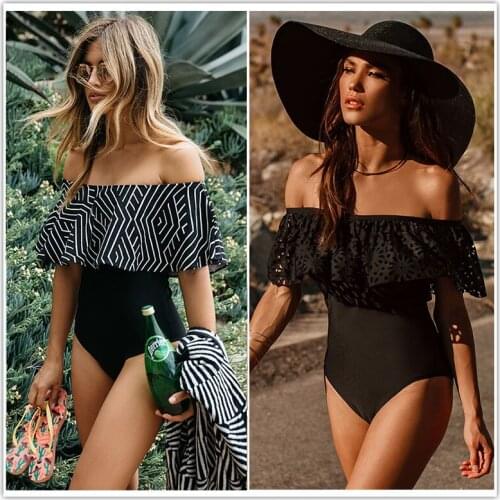 2021 New Sexy Off The Shoulder Solid Swimwear Women One Piece Swimsuit Female Bathing Suit Ruffle Monokini Swim Wear XL
