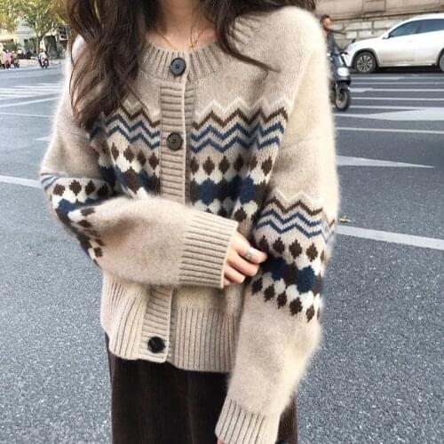 Autumn Knitted Cardigans Female Korean O-neck Long Sleeves Loose Casual Coats Vintage Loose Short Sweater Outerwear Women Tops