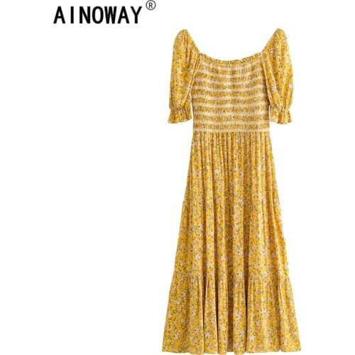 Boho Women Yellow floral print short sleeve Bohemian sundress Ladies Square collar Summer Boho pleated Maxi dress vestidos
