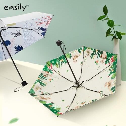 Easily 5 Fold Titanium Silver Sunshade Small Fresh Cartoon UPF50+ Outdoor Silver Umbrella Women Kids Travel