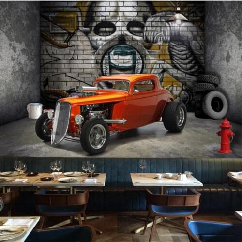 3D Gray Cement Brick Wall Personality Graffiti Mural Retro Vintage Car Restaurant Bar Industrial Decor Background Wall Paper 3D