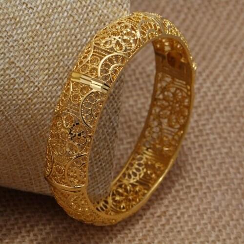 Annayoyo 24K Big Flower Fashion Gold Color Bangles For Women African Bride Bracelet Jewelry Gifts