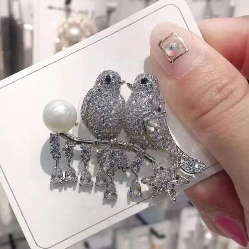 Zircon Double Magpies Love Birds Nature Pearl Female Accessories For Valentines Gifts Brooches Pin