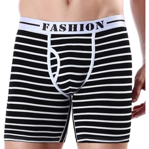Mens Long Boxers Shorts Underwear Cotton Stripe Boxer Penis Panties Man U Convex Design Sexy Long Legs Underpants 2PCS/LOT