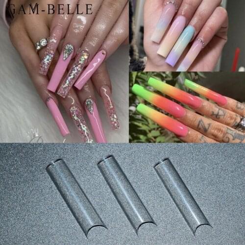 GAM-BELLE 500Pcs Long Half False Nail Tips C Curve Artificial Square Nails Tips Clear Manicure Extra Long False Nail Art Salon