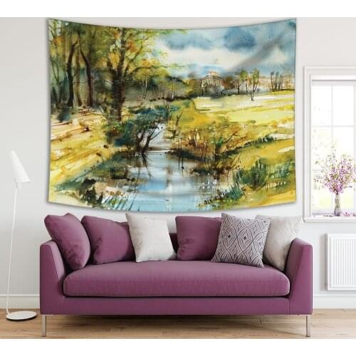 Tapestry Road to The Castle Ratiborice Watercolor Countryside Nature Art Printed Green Blue