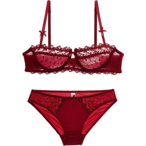 Red Ultra-Thin Transparent Women Underwear Set Half Cup Lace Push Up Bra And Panties Set Female Sexy Lingerie Plus Size C D Cup