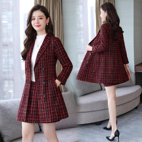 Set female autumn and winter new temperament professional Slim small plaid woolen coat short skirt 2 piece outfits for women