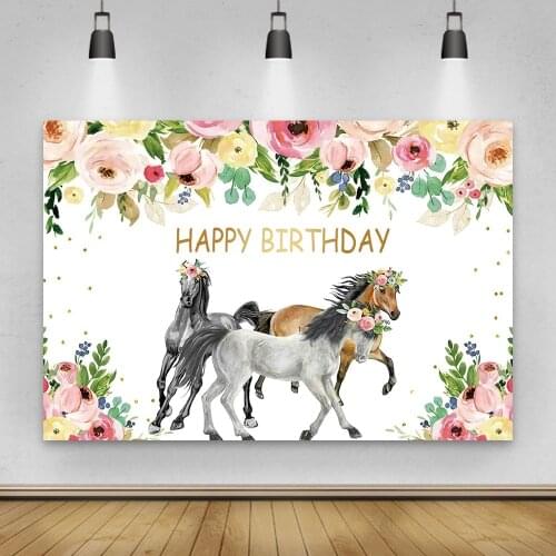 Laeacco Watercolor Flowers Running Horse Birthday Party Customized Poster Photo Background Photography Backdrop Photo Studio