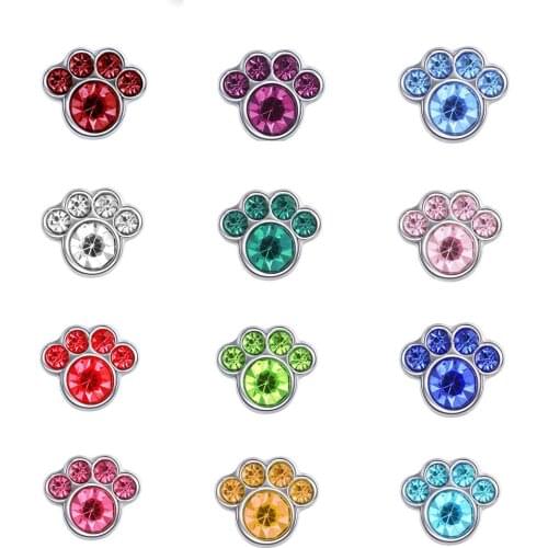 10pcs Mesinya Silver Color Rhinestone Birthstone 12 Months Pet Dog or Cat Paw Custom Floating Charms for Glass Locket Pendant
