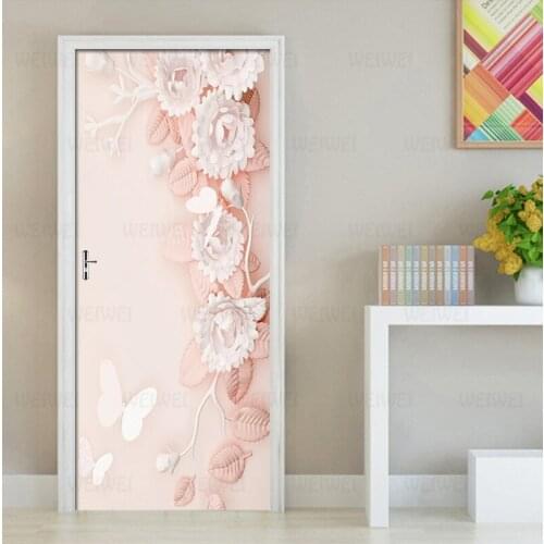 Nordic Pink Embossed Flowers Door Stickers Mural PVC Self-adhesive Wallpaper Poster Living Room Bedroom Door Decor Decals Mural