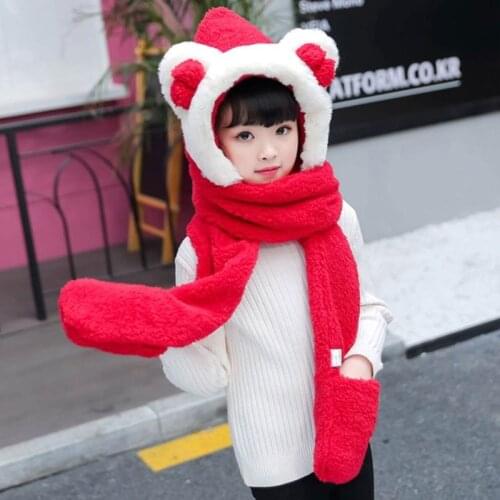 Toddler 3 In 1 Warm Plush Winter Hat Cute Bowknot Bear Ears Kids Scarf Mitten Gloves with Pockets Earflap Hoodie Cap