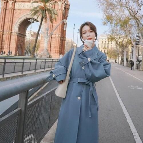 2021 Autumn Mid-length Trench Coat Womens Elegant Waist Lace-up Single-breasted Female Wine Red Windbreaker Coats Abrigo Mujer