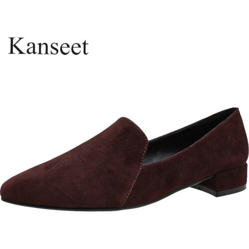 Kanseet Womens Shoes 2021 Spring Autumn Kid Suede Concise Office Handmade Pointed Toe Comfort Low Heel Brown Black Women Pumps