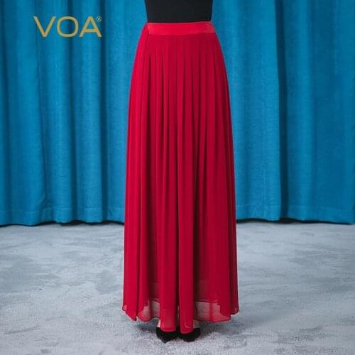 VOA Silk Georgette Wine Red Summer Womens Clothing CE83 Asymmetric Double-layer Light Refreshing Pleated Long Skirts for Women