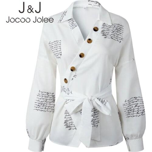 Jocoo Jolee Women Japanese Fashion Newspaper Letter Print Blouse Long Sleeve V Neck Shirt with Sashes Causal Tops Streetwear