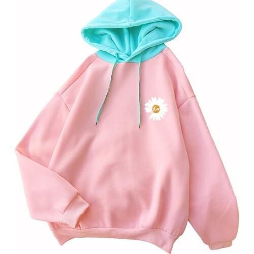 Autumn Winter New Fleece Hoodie Casual Harajuku Kawaii Daisy Floral Print Women Sweatshirt Loose Spell Color Spliced Hooded Tops