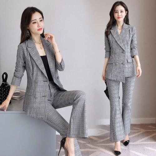 Fashion Spring and Autumn new leisure lady OL elegant retro lattice suits + flared trousers / high quality Two pieces / sets AL