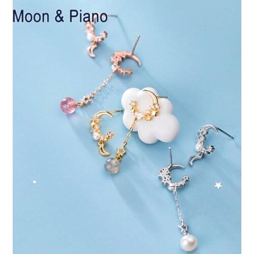 S925 Silver New Fashion Women Dangle Earrings Sweet Cute Female Asymmetric Earrings Dance Party Star Moon Korean Fine Jewelry